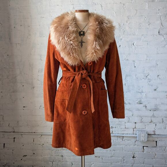 Vintage Orange Suede Penny Lane Jacket Leather Trench Coat Faux Fur Coat Large - Picture 1 of 11